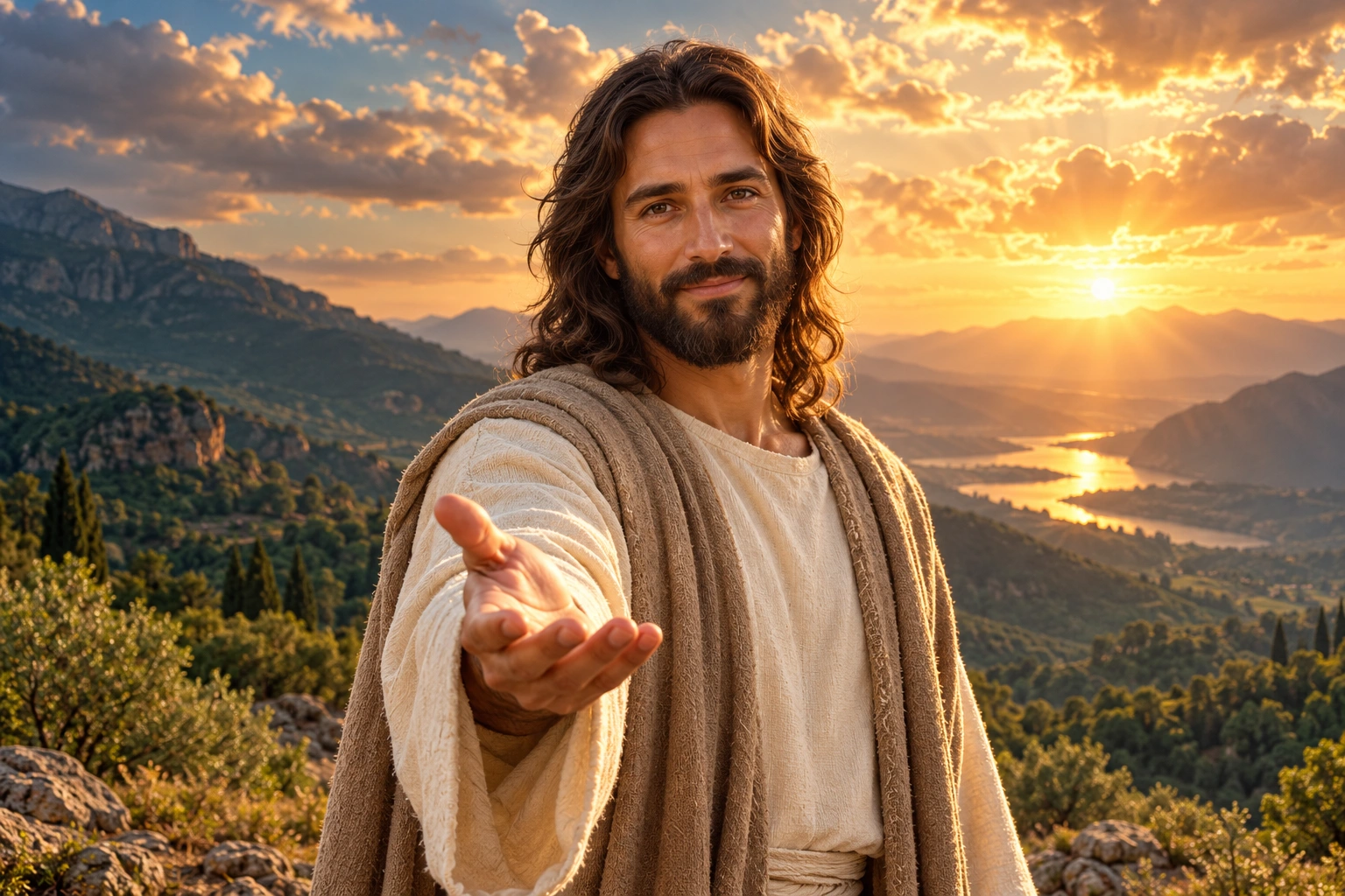 Representação de Jesus com a mão estendida, diante de montanhas iluminadas pelo pôr do sol